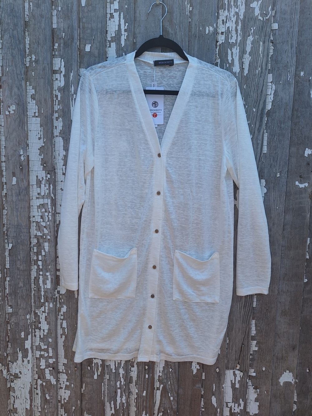 Merokeety Ivory Longline Button-Front Pocket Cardigan Size Large NWT